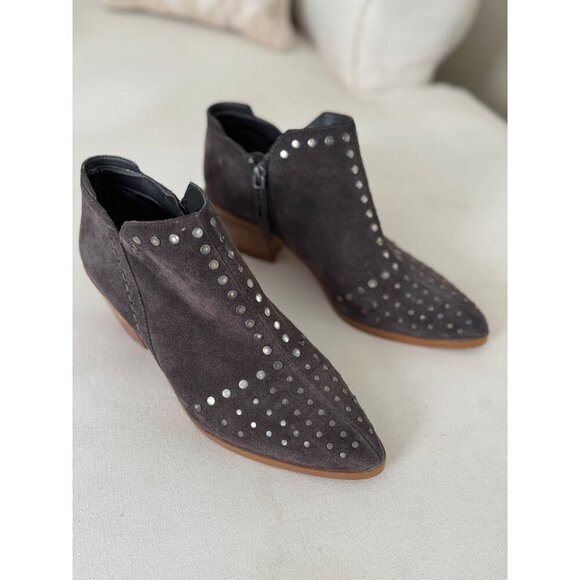 1. State Loka Studded Suede Ankle Bootie Wood Block Heel Almond Toe Size 8M Gray - Picture 15 of 15